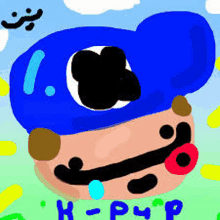 a drawing of a person wearing a blue hat with the letters h-p-p on the bottom