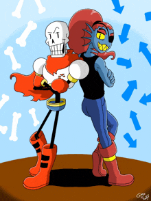 a cartoon drawing of papyrus and undertale characters with arrows behind them