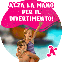 a boy is carrying a girl on his shoulders with the words alza la mano per il divertimento in the background