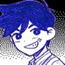 a black and white drawing of a boy with blue hair and a smile on his face .