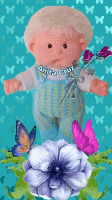 a doll with the name anita cruz on it is surrounded by butterflies and flowers