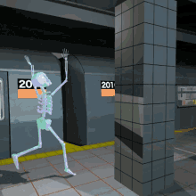 a cartoon of a skeleton in a subway station with a sign that says 20 and 201