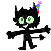 a black monster with green eyes and a party hat is standing on a white background .