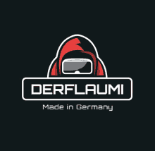 a logo for derflaumi made in germany with a red hoodie