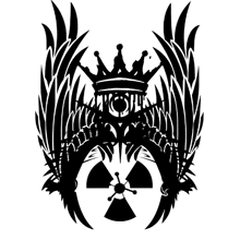 a black and white drawing of a crown with wings and a nuclear symbol