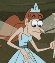 a cartoon character wearing a blue dress and a crown