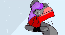 a drawing of a gray cat with purple hair and a red hoodie