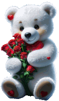 a white teddy bear is holding a bouquet of red roses and a heart