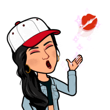 a cartoon of a woman blowing a kiss with a red lip coming out of her hand