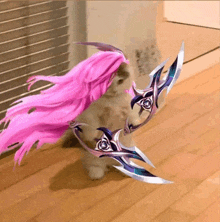 a cat with pink hair is holding a sword