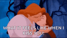 a cartoon of a man and a woman kissing with the words what it feels like when i kiss you