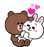 a brown bear is hugging a white rabbit with pink hearts coming out of their eyes