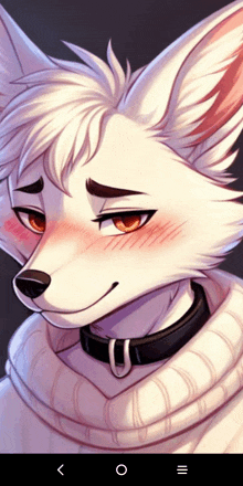 a close up of a furry fox wearing a white sweater and a black collar