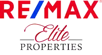 a red white and blue re/max elite properties logo on a white background