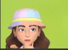 a cartoon girl wearing a bucket hat and earrings is thinking