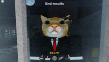 a cat wearing a suit and tie with a dog behind it and the words end results above it