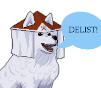 a pixel art of a dog with a speech bubble that says " delist "