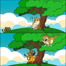 a cartoon of a dog sleeping on a tree branch