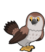 a cartoon drawing of a brown and white bird with a black beak