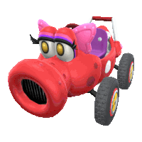 a red cartoon car with a purple seat and a red handle