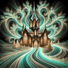 a painting of a church surrounded by trees and swirls of light