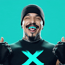 a man wearing a beanie and a shirt with an x on it