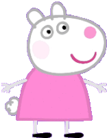 peppa pig is wearing a pink dress and smiling while standing .