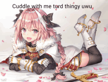 a picture of a girl with the words cuddle with me turd thingy uwu on it