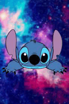 stitch from disney 's lilo and stitch is flying through the air in front of a galaxy background .