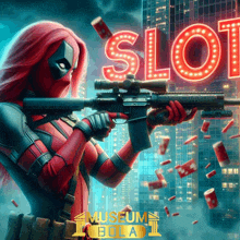 a woman in a deadpool costume holds a gun in front of a slot sign