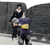 a woman in a skirt is standing next to a man in a purple shirt with a spongebob bag on his back .