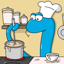 a cartoon drawing of a snake wearing a chef 's hat stirring a pot of soup