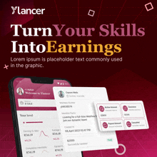 an advertisement for ylancer turns your skills intoearnings