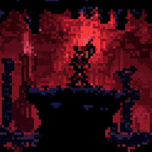 a pixel art of a man holding a torch in a dark room