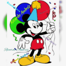 a cartoon of mickey mouse wearing a party hat and holding balloons