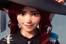 a picture of a girl with red hair and a black hat with the words fotor generated with ai at the bottom