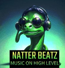 a green snake wearing headphones and sunglasses says natter beatz