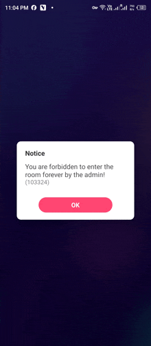 a cell phone screen shows a notice that says you are forbidden to enter the room forever by the admin