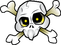 a cartoon skull and crossbones with a yellow eye