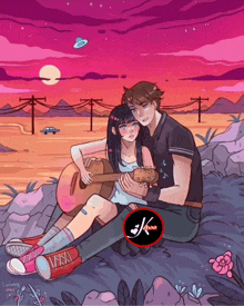 a drawing of a boy and a girl with a guitar and the letters jk on the bottom right