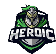 the logo for heroic is a knight with a green cape .