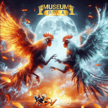 two roosters are fighting in front of a full moon in a poster for museum bola