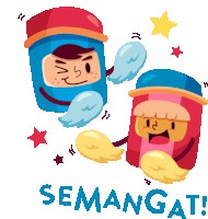 a cartoon illustration of a boy and a girl with wings and the words semangat