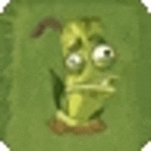 a cartoon character is standing in the grass and making a face .