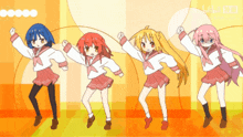 a group of anime girls are dancing in front of a yellow background