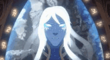 a woman with long blue hair is standing in front of a mirror with a blue light coming out of her eyes .