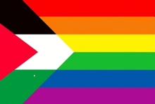 a rainbow flag with a black , white , and red triangle in the middle