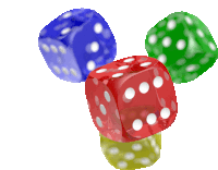 four different colored dice with white dots on a white background