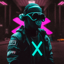 a person wearing headphones and a gas mask has a neon x on their shirt