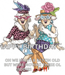 a cartoon of two older women standing next to each other with the caption happy birthday